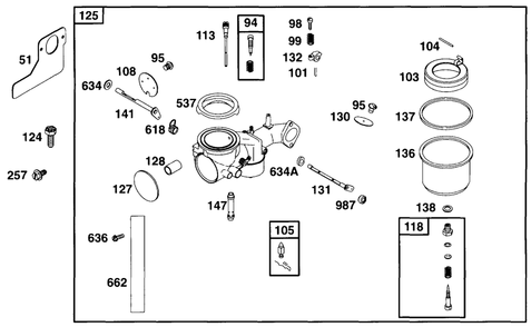 Carburetor Assembly Diagram and Parts List for 252707-0135-XX  Briggs and Stratton Engine